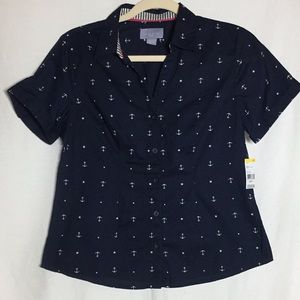 Laura Scott Petite Navy Camp Shirt Blouse Anchors